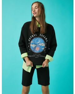 Sweat-shirt imprimé col ras du cou BLACK M