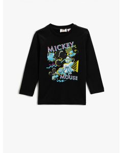 T-shirt imprimé mickey mouse sous licence à manches longues et col rond en coton