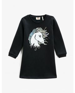 Robe imprimée licorne manches longues col ras du cou coton
